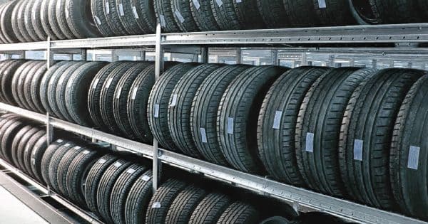 tires on shelves, in warehouse, for storing tires